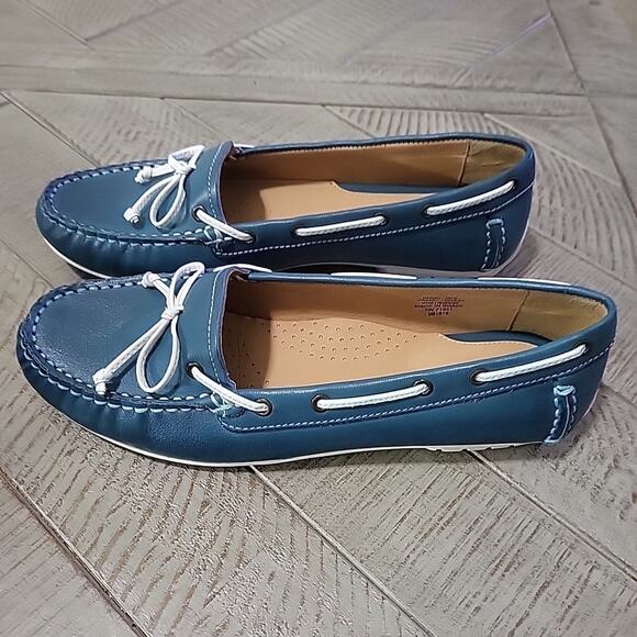 L.L. Bean Boat Shoes Womens Sz 5 Turquoise Teal Green Leather Slip On Moccasins - Picture 2 of 8